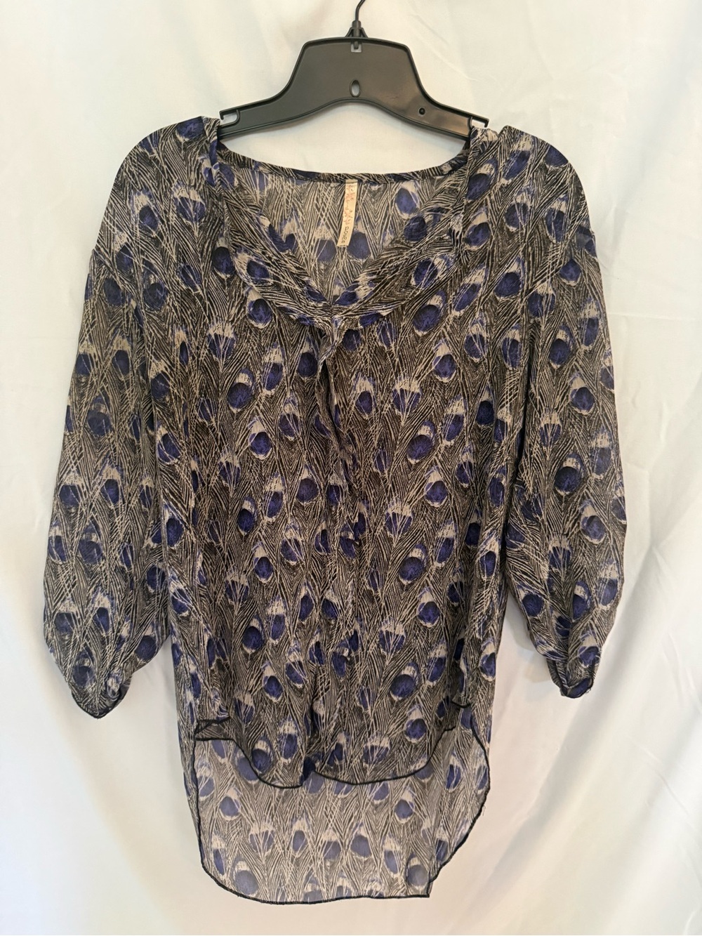 Poema Sheer Peacock-Pattern Blouse in Navy and Cream